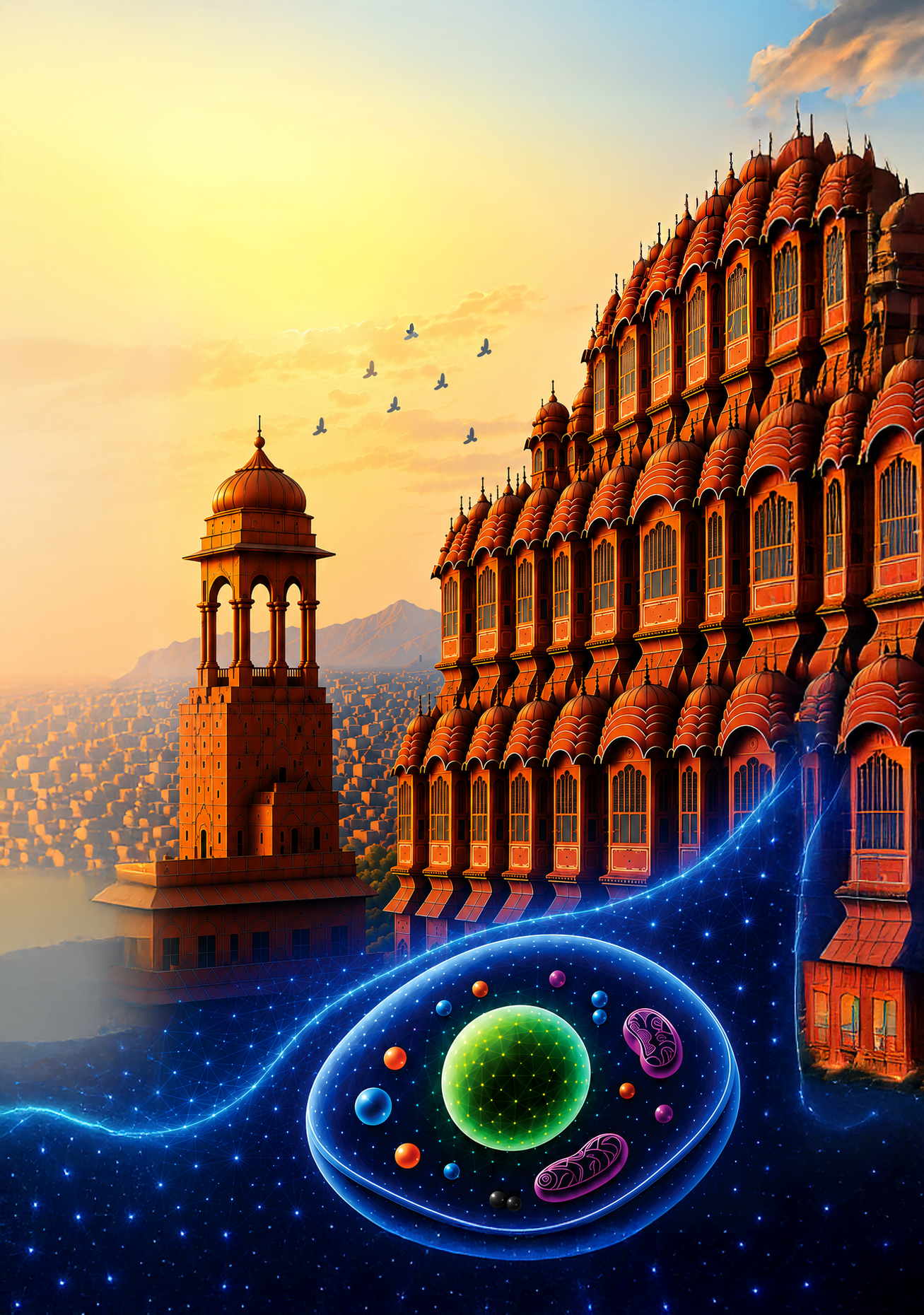 Jaipur architecture with molecular and cellular science visuals from the MCCS2026 PDF